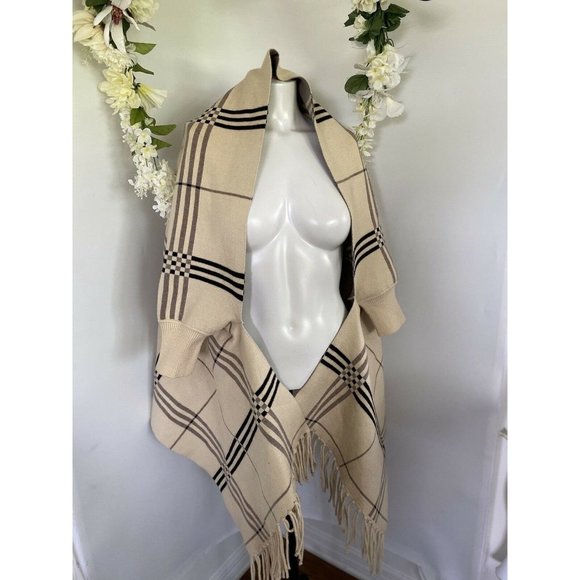 Vintage Beige Gray Tartan Plaid Wrap Sweater One Size - Picture 3 of 10